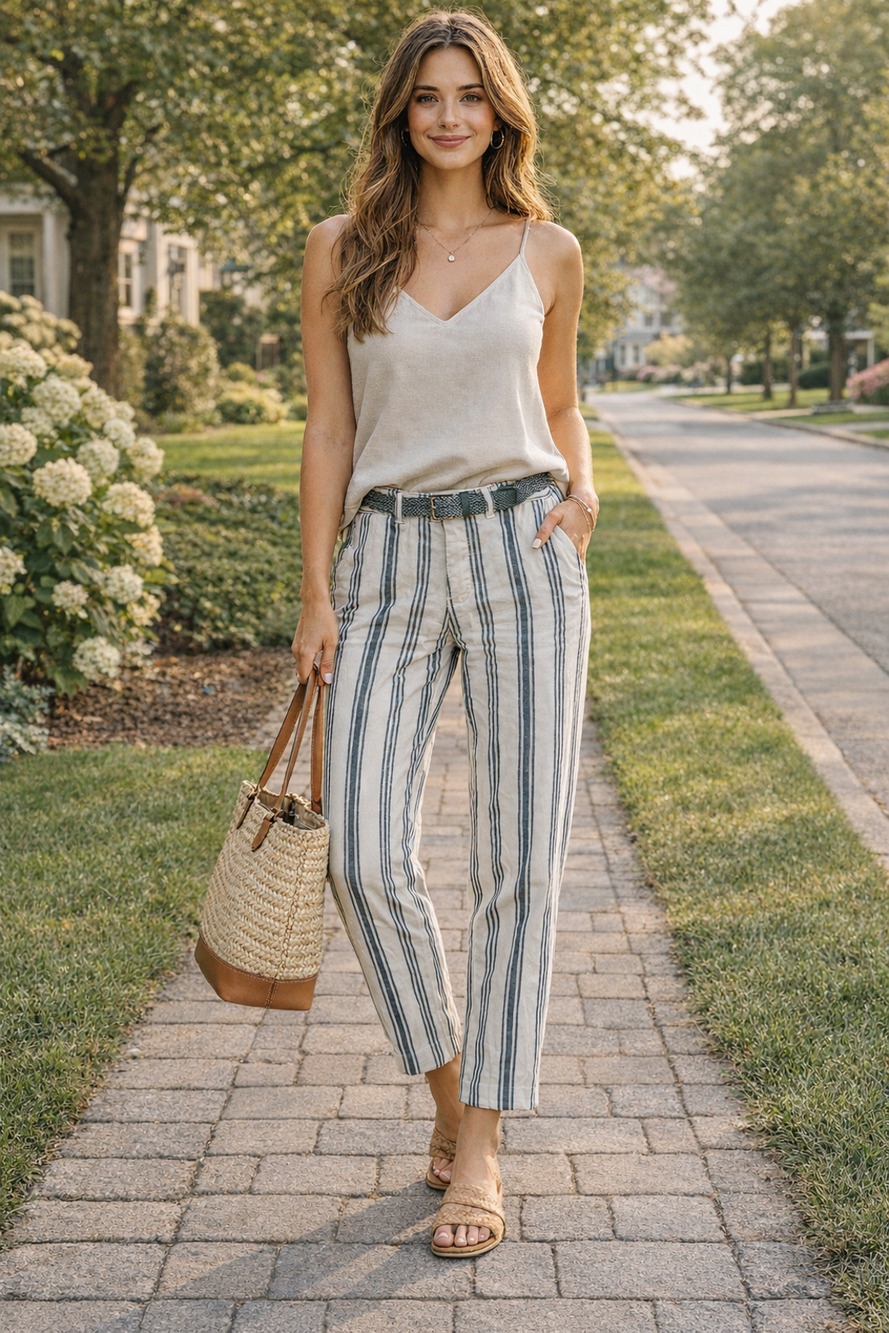 Denim & Flower Women's 34 White Gray Striped Slim Fit Belted Chino Pants O3-22